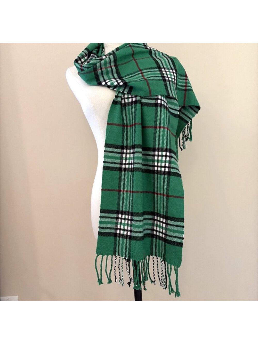 Cashmere Kelly Green Plaid Scarf 12X70" Fringe Made in Scotland Cozy Luxury